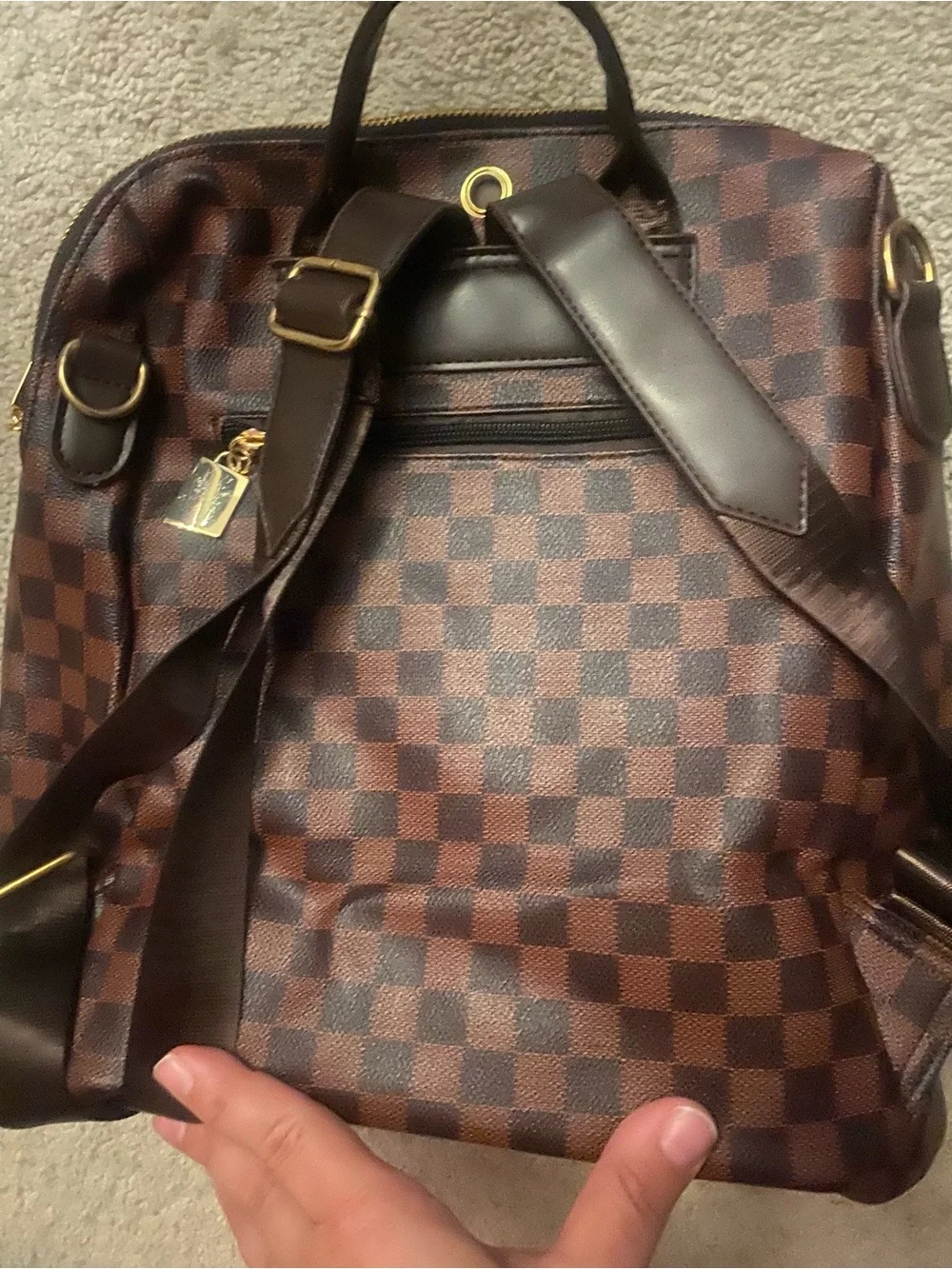Brown Checkered Backpack with Gold Hardware